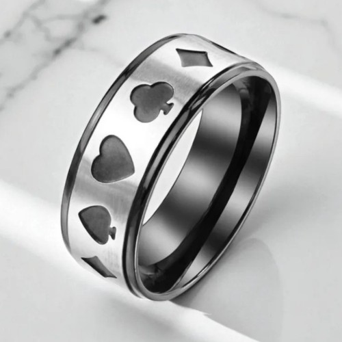Anello uomo d'acciaio uomo | Modelli di carte da poker e banda d'argento