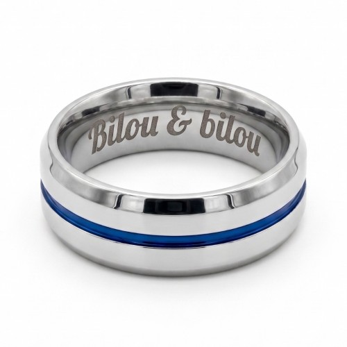 Bague anneau pour homme en acier poli avec rainure bleue centrale avec gravure intérieur au laser
