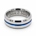 Polished steel man ring ring with central blue groove with laser interior engraving