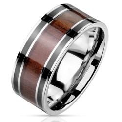 Anillo de anillo moderno y amplio para hombres en acero inoxidable pulido con una hermosa banda de núcleo de madera de nuez marr