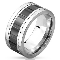 Moderner und breiter Ringring für den Mann in zweifarbiger Edelstahl mit schwarzem Stress rotierender Schwarz