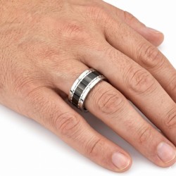 Bague anneau moderne et large pour homme en acier inoxydable bicolore avec bande centrale noire rotative anti-stress 2