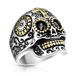 Modern and wide knit ring for man in two-tone stainless steel carved in the form of Mexican death head