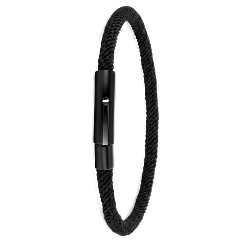 Braccialetto uomo minimalista ed elegante in corda in nylon nero con chiusura in acciaio inox nero personalizzabile