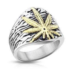 Modern and wide knob ring for stainless steel man with a golden cannabis sheet in relief
