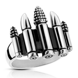 Bague chevalière moderne et large pour homme en acier inoxydable noirci surplombée de cinq cartouches à balles réalistes