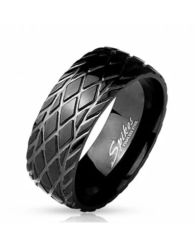 Herrenring aus komplett schwarzem Stahl mit Diamantstreifen und Biker-Reifen-Effekt