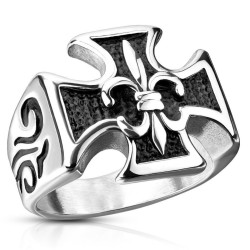 Moderner und breiter Strickring für den Mann in poliertem Edelstahl in Form eines Malta-Kreuzes mit Fleur de Lily