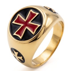 Anello da uomo moderno e largo per uomo in acciaio inox dorato decorato con una croce rossa e un segnalibro templare