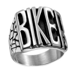 Modern and wide manhole ring for stainless steel with the word biker in big letters on blackened background