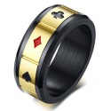 Anello rotante moderno e ampio per gli uomini in acciaio nero con una striscia centrale dorata adornata con simboli della carta 