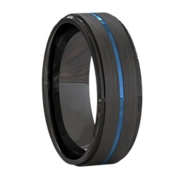 Moderner und breiter Ringring für schwarzen Wolframkarbid mit gebürstetem Finish und blauer zentraler Nut