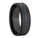 Anello moderno ed ampio anello per carburo di tungsteno nero con finitura spazzolata e scanalatura centrale blu