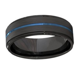 Moderner und breiter Ringring für schwarzen Wolframkarbid mit gebürstetem Finish und blauer zentraler Nut 2