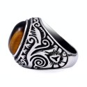 Modern and wide knight for man in silvery stainless steel decorated with a natural stone of tiger with golden highlights