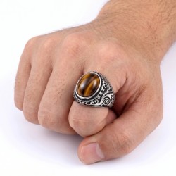 Caballero moderno y amplio para el hombre en acero inoxidable plateado decorado con una piedra natural de tigre con destacados d 2