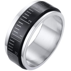 Anello anti-stress moderno e largo con acciaio inossidabile a due toni con un anello rotante nero inciso con un motivo metro mis