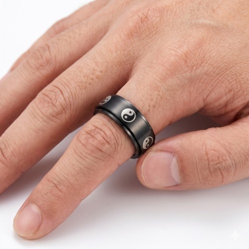 Vue d'un homme portant cette anneau anti-stress avec motif Yin Yang montrant que la bague est tournante sur elle-même