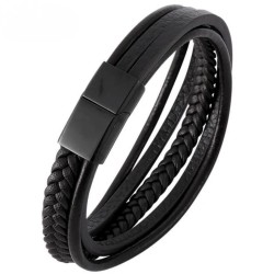 Bracelet moderne et large pour homme composé de multiples rangs en cuir noir tressé et lisse avec fermoir en acier noir