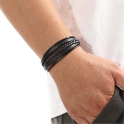 Black Leather Men's Bracelet | 4 rows and steel clasp 2