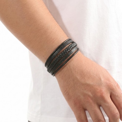 Bracelet Homme Cuir Noir Multi-Rangs | Fermoir Acier Personnalisable