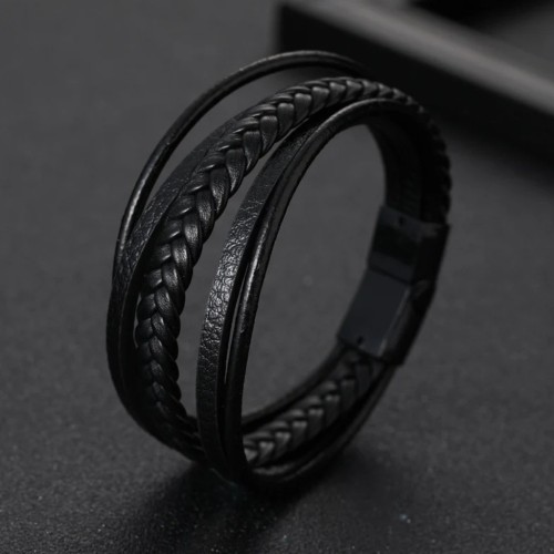 Black Leather Men's Bracelet | 4 rows and steel clasp