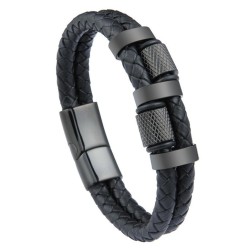 Black Leather Men's Bracelet | 4 rows and steel clasp