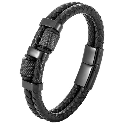Black Leather Men's Bracelet | 4 rows and steel clasp