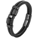 Vue détaillée du bracelet montrant la finesse du tressage artisanal du cuir véritable et les éléments décoratifs en acier noir