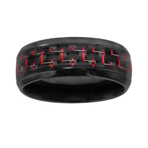 Anillo de hombre de acero negro | Anillo de fibra de carbono rojo