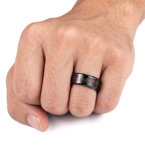 Black Steel Man Ring | Red carbon fiber ring