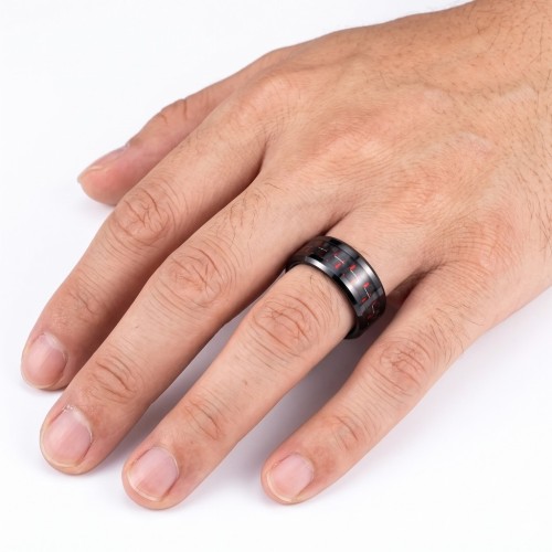Schwarzer Stahl Mann Ring | Roter Kohlefaserring
