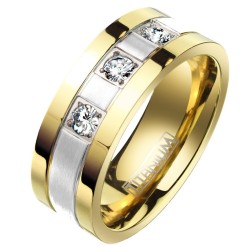 Modern and wide alliance ring for men in two-tone gold and silver illuminated with three stones in sparkling zirconia