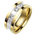 Bague alliance moderne et large pour homme en titane bicolore or et argent illuminée de trois pierres en zirconium scintillantes