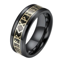 Anello moderno e largo per uomo in acciaio inox nero decorato con 24 lettere della runicazione alfabeto viking futhark dorato