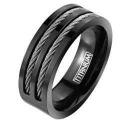 Anello moderno e largo per uomo in titanio laccato nero con due cavi in acciaio contorti incrostato