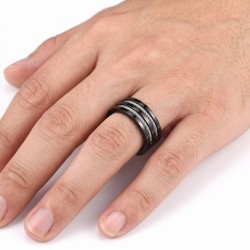 Anello moderno e largo per uomo in titanio laccato nero con due cavi in acciaio contorti incrostato 2