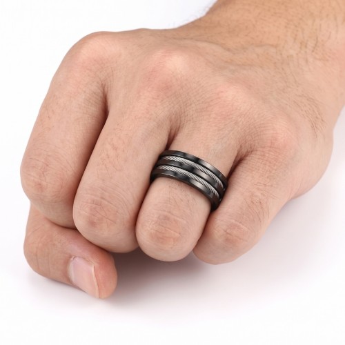 Schwarzer Titan-Mann-Ring | Ringkabel-Stahl, der zu Graveur verdreht ist