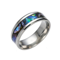 Moderner und breiter Ring für Frauen in silbernem Edelstahl mit zentraler Harmonie von Abaloneperlen mit Benzinreflexionen
