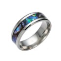 Bague moderne et large pour femme en acier inoxydable argenté avec incrustation centrale de nacre d'abalone aux reflets essence
