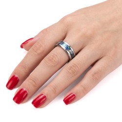 Modern and wide ring for women in silvery stainless steel with central harmony of abalone pearl with gasoline reflections 2