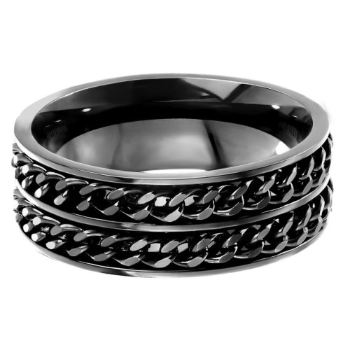 Vue détaillée de l'intérieur lisse en acier inoxydable de la bague noire prête pour une gravure laser personnalisée