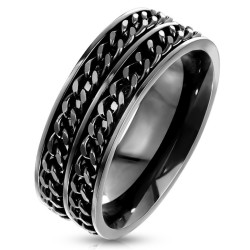 Bague anneau homme anti-stress en acier inoxydable noir avec double chaîne gourmette rotative