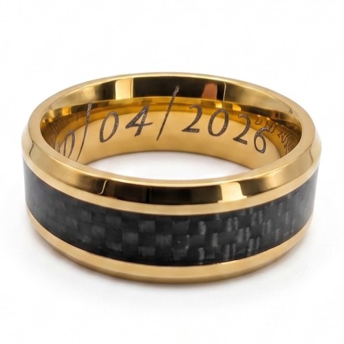Anillo de cotización dorada de oro de acero inoxidable y banda central de carbono personalizada con láser Interior grabado