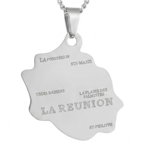 Colgante de acero inoxidable que representa el mapa de la isla de reunión personalizable con cadena cubana.