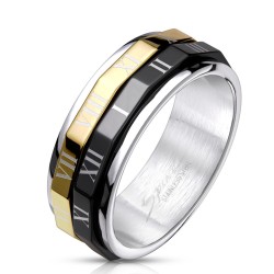 BAGUE ANNEAU HOMME FEMME ADO ACIER NOIR & DORE ROTATIVE CHIFFRES ROMAINS NEUVE 0014