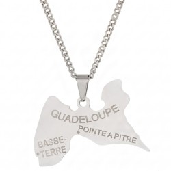Silberfarbener Edelstahl-Anhänger, der die Guadeloupe-Karte mit seiner Kette darstellt.