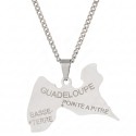Pendentif en acier inoxydable couleur argent représentant la carte de la Guadeloupe avec sa chaîne.