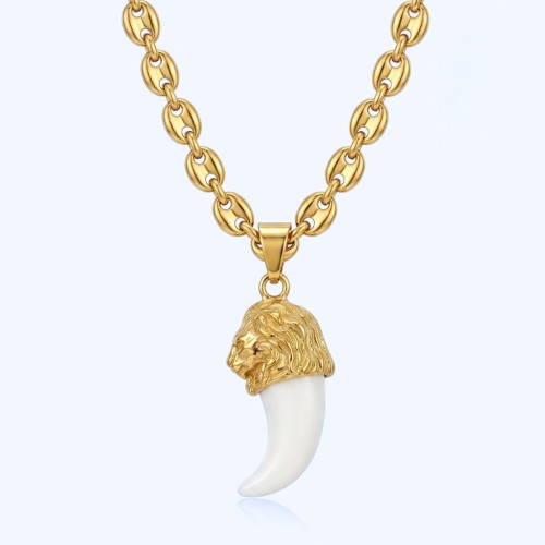 Golden Lion Head Pendant Necklace and False Wolf Tooth Opal With 7mm Golden Steel Coffee Chain.