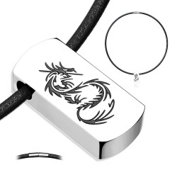 Collier cordon cuir et pendentif homme plaque acier dragon noir gravé